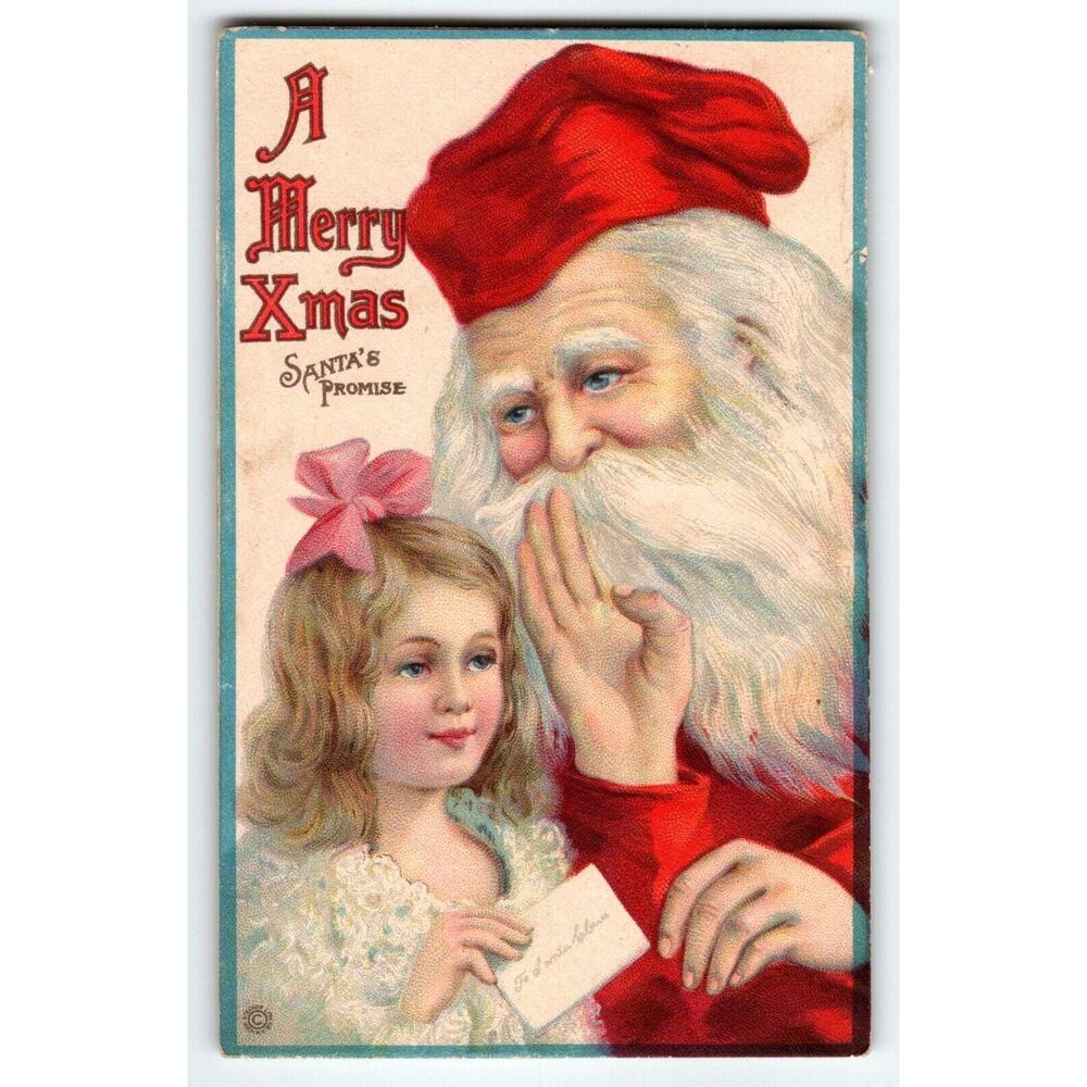 Santa Claus Christmas Postcard Saint Nick Whispers Promise To Little Girl 737 D